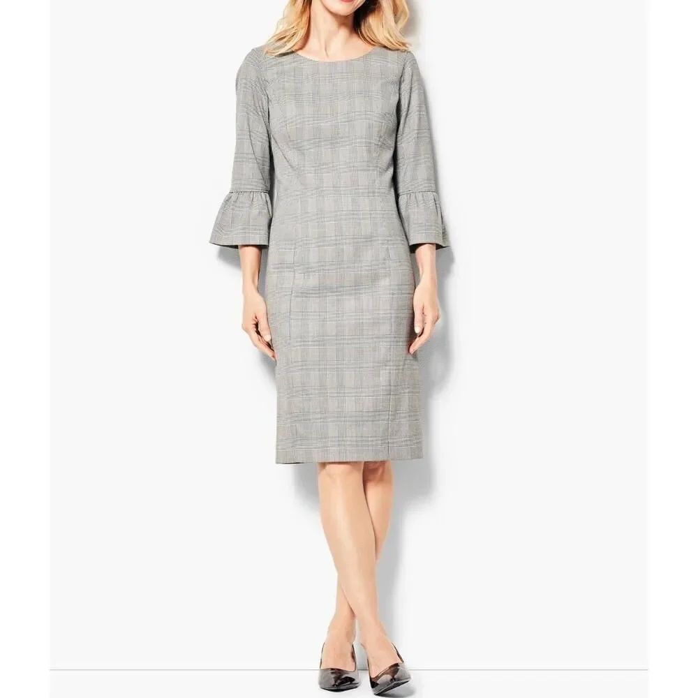 Talbots Dress Size 4 Plaid Sheath Grey 3/4 Bell Sleeves Crew Neck Career Wear